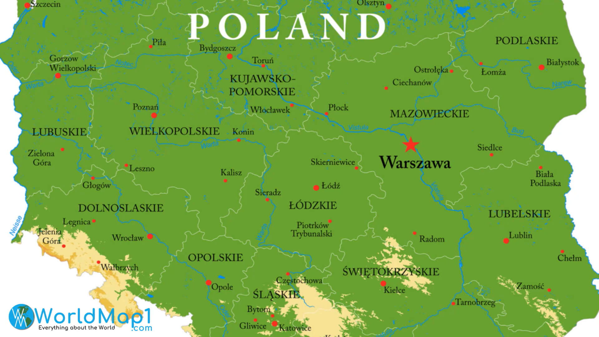 Poland Main Cities Map with Rivers